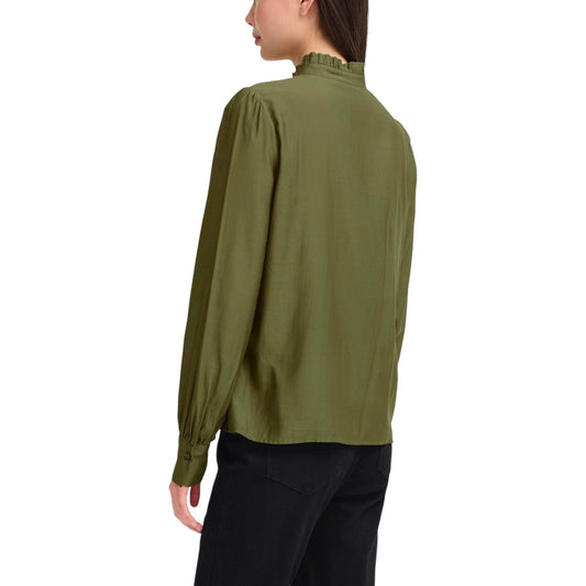 Ichi Women's Green Long Sleeve Shirt - Viscose Button-Up Mandarin Collar Shirt