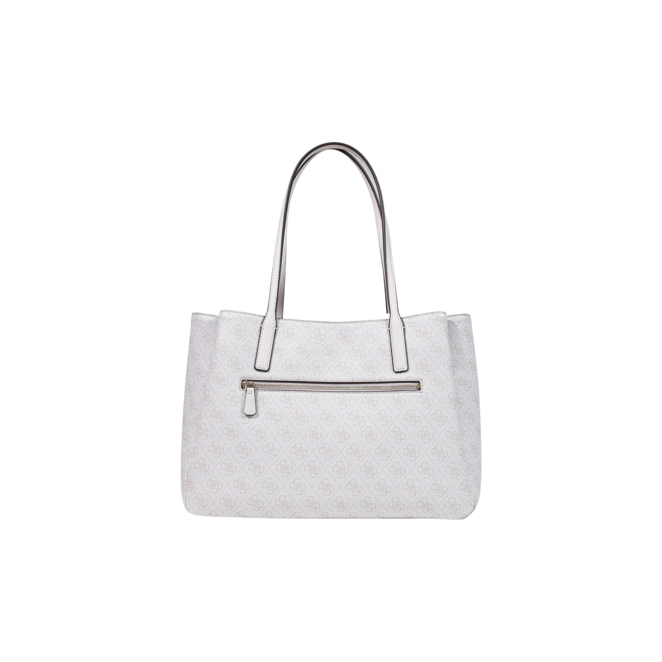 Borsa Shopper Grande Donna Bianca Guess Anadela; Struttura 100% poliuretano con motivo logo all-over e chiusura a zip. Triplo scomparto interno, manici lunghi a spalla e charm coordinato, stile elegante 4 stagioni. Posteriore 