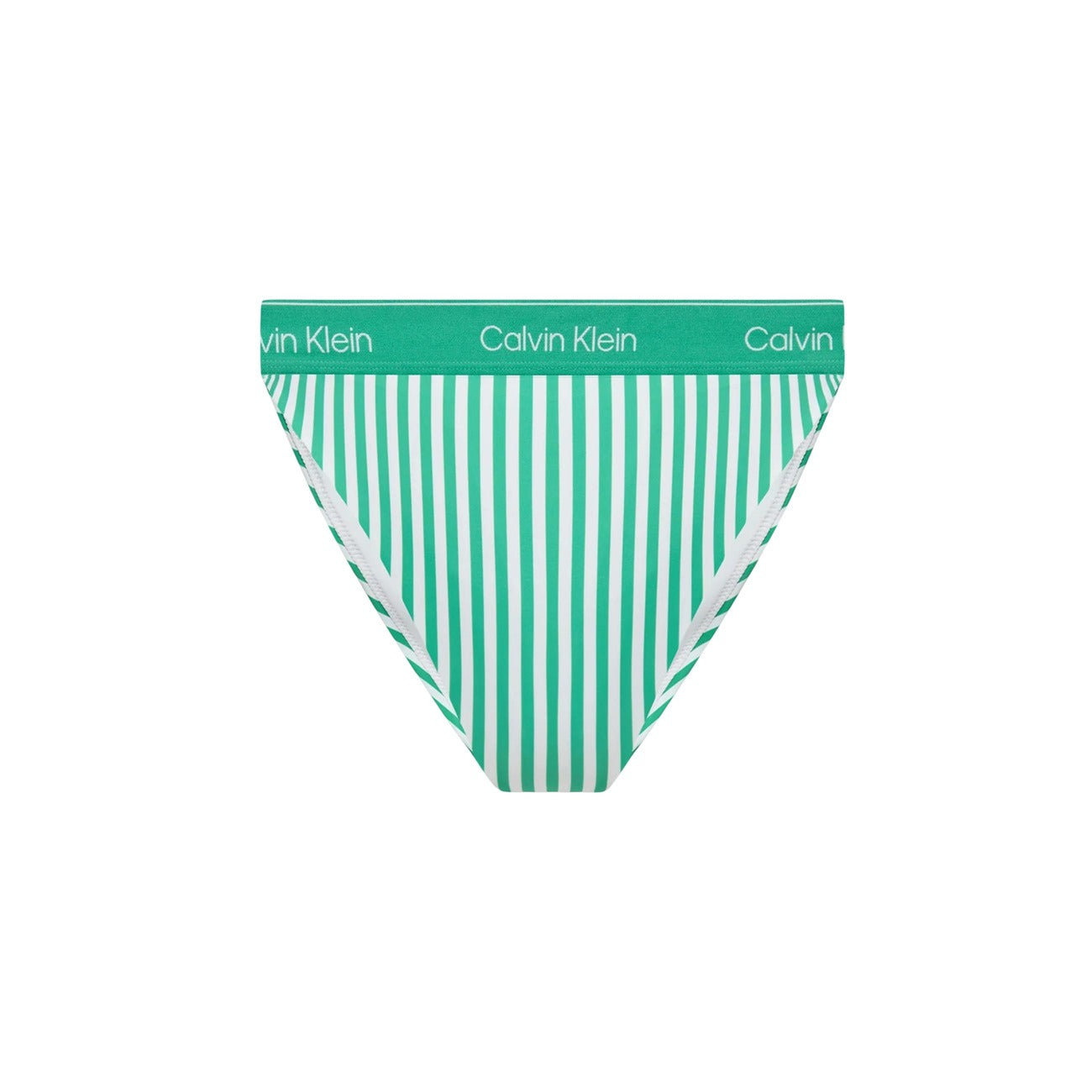 Slip Brasiliano CK Jeans; Verde a Righe. Tessuto riciclato ad asciugatura rapida, vita bassa con banda logata. Taglio brasiliano, stile sportivo e sostenibile. Vista frontale stesa 