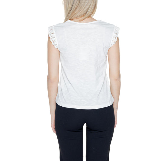 Canotta Ricamata Bianca Donna; Tessuto leggero ed ecosostenibile in 100% cotone biologico. Modello fresco a tinta unita con dettagli ricamati, stile casual e romantico primavera-estate. Posteriore