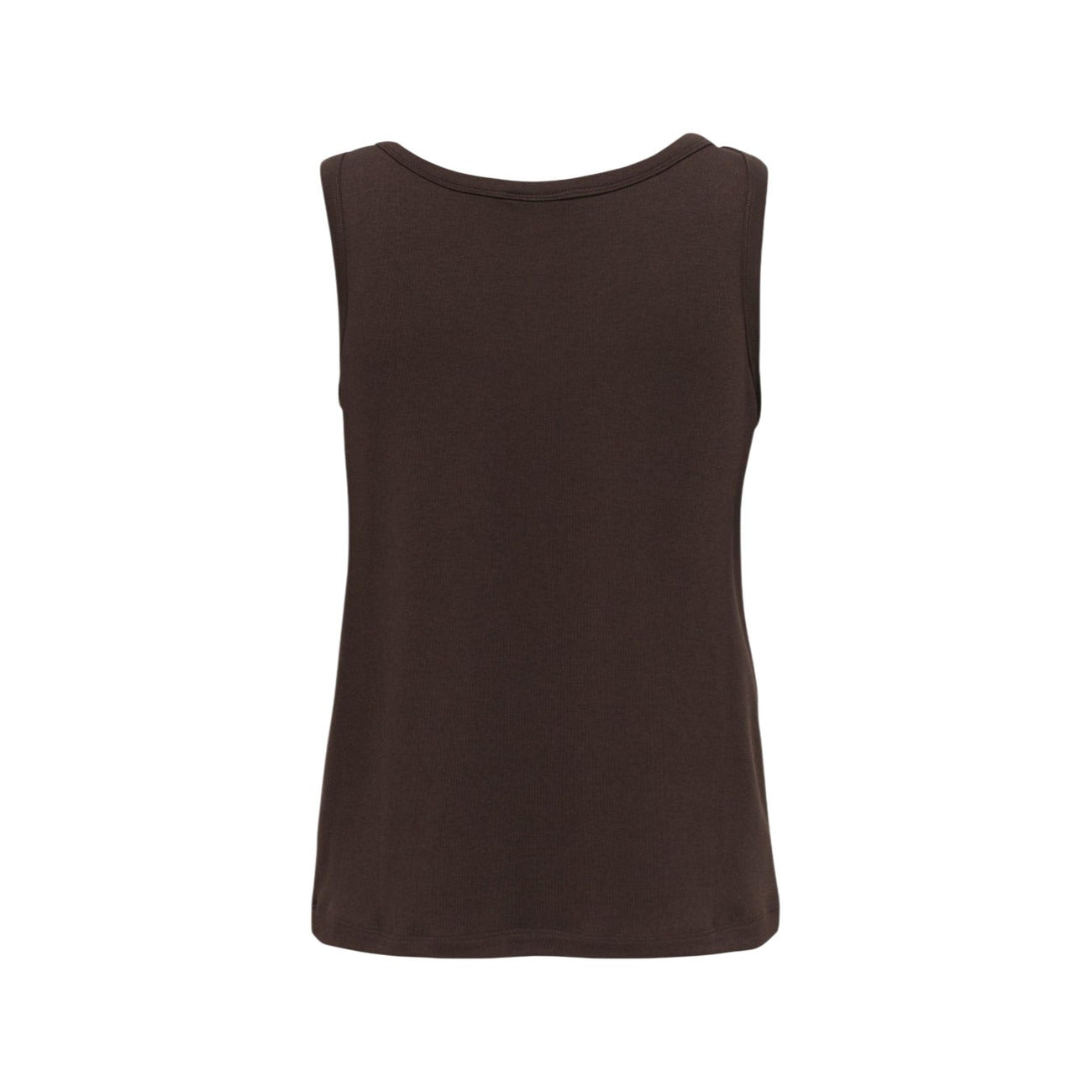 Top JDY Jdyuffa Marrone; Jersey di Viscosa e Poliestere. Dettaglio metallico spalla sinistra, scollo tondo, senza maniche. Tessuto morbido e flessibile, stile casual-chic per Primavera/Estate. Vista posteriore stesa 
