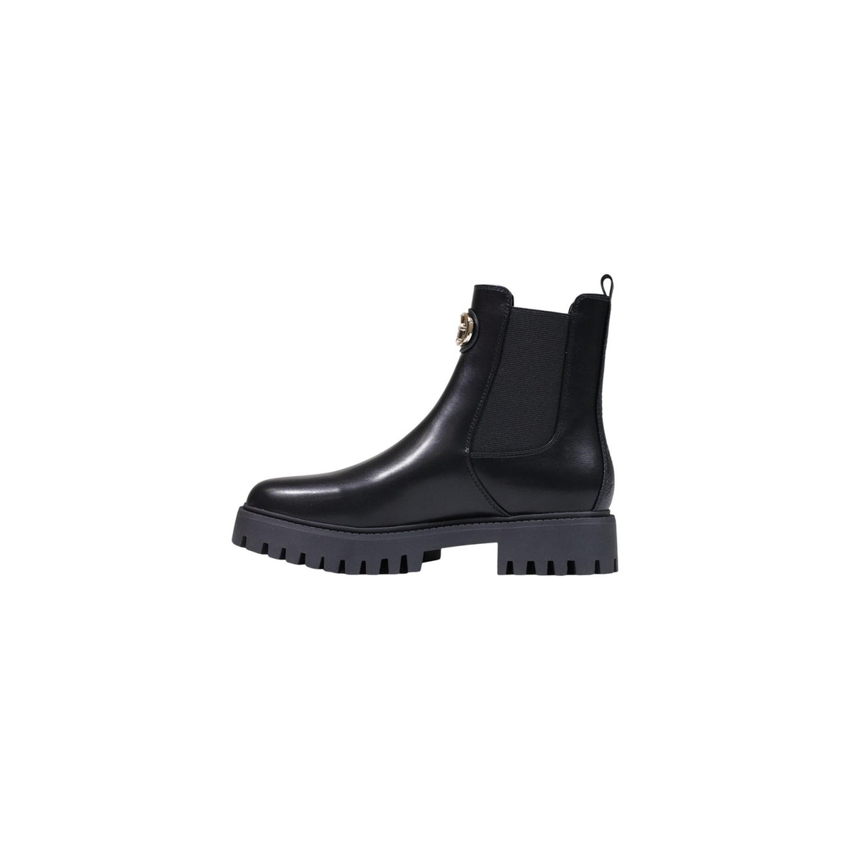 Anfibi Guess donna neri FLTFID ELE10 Fida. Stivaletti casual con elastico in ecopelle, suola scanalata alta 4 cm stile carrarmato, placchetta logo dorata o metallica laterale, scarpe mezza stagione.
