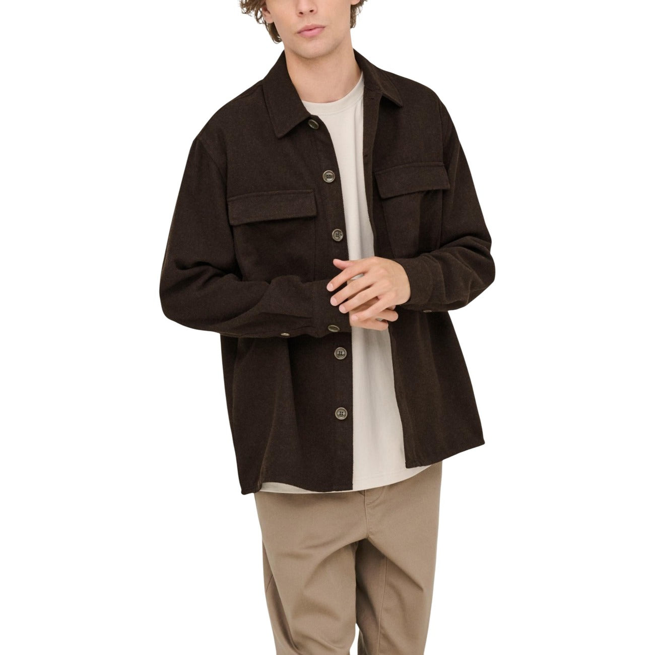 Only & Sons Camicia Uomo Marrone Bottoni Manica Lunga Scollo Tondo Colletto Classico Tasche Acrilico Poliestere Autunno Inverno 22034929