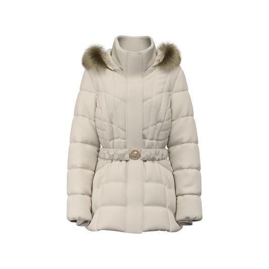 Giacca corta imbottita da donna Guess beige, vestibilità regolare con maniche lunghe, cappuccio, cintura in vita e chiusura a cerniera.
