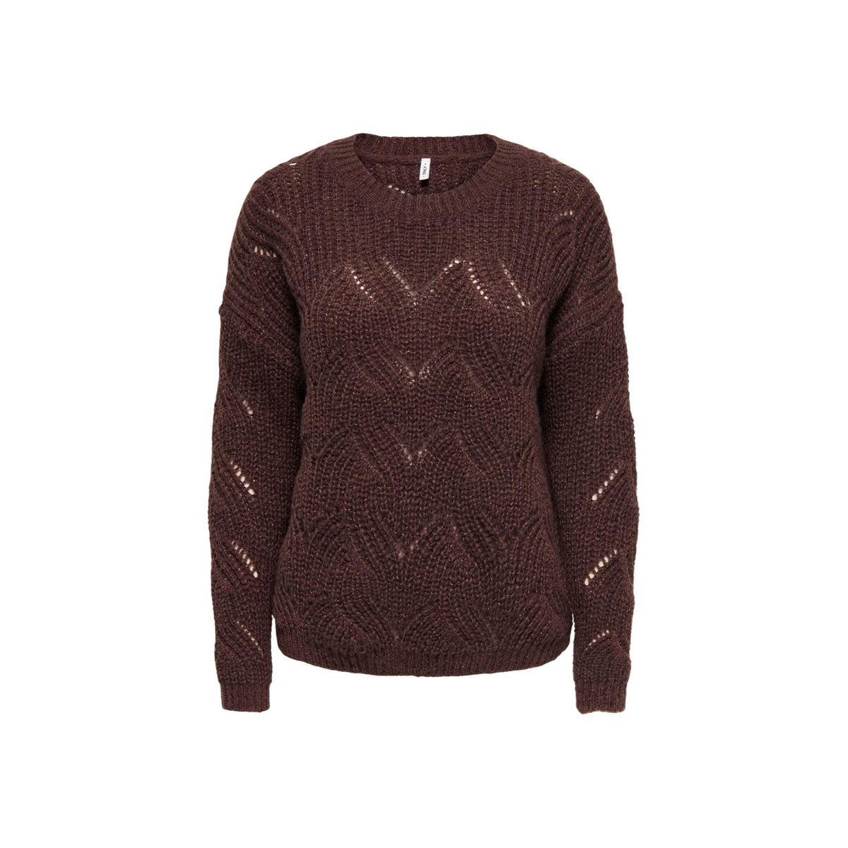 Maglione marrone glitter donna Only 15352712. Pullover in maglia testurizzata marrone con punti luce glitter, scollo rotondo e maniche lunghe.