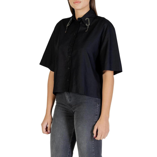 Colcci Camicia Donna Nera Bottoni Maniche Corte Scollo Tondo Colletto Classico - Camicia Cotone Modal Viscosa