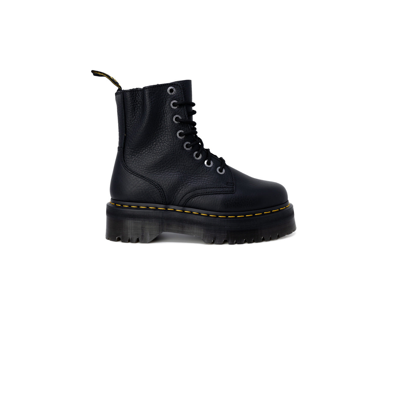 Anfibi platform Dr Martens Jadon 3 pelle Pisa nero. Stivaletti alti con zeppa alta, pelle nappa bottalata morbida con finitura cerosa, cerniera laterale e impunture gialle Dr Martens.