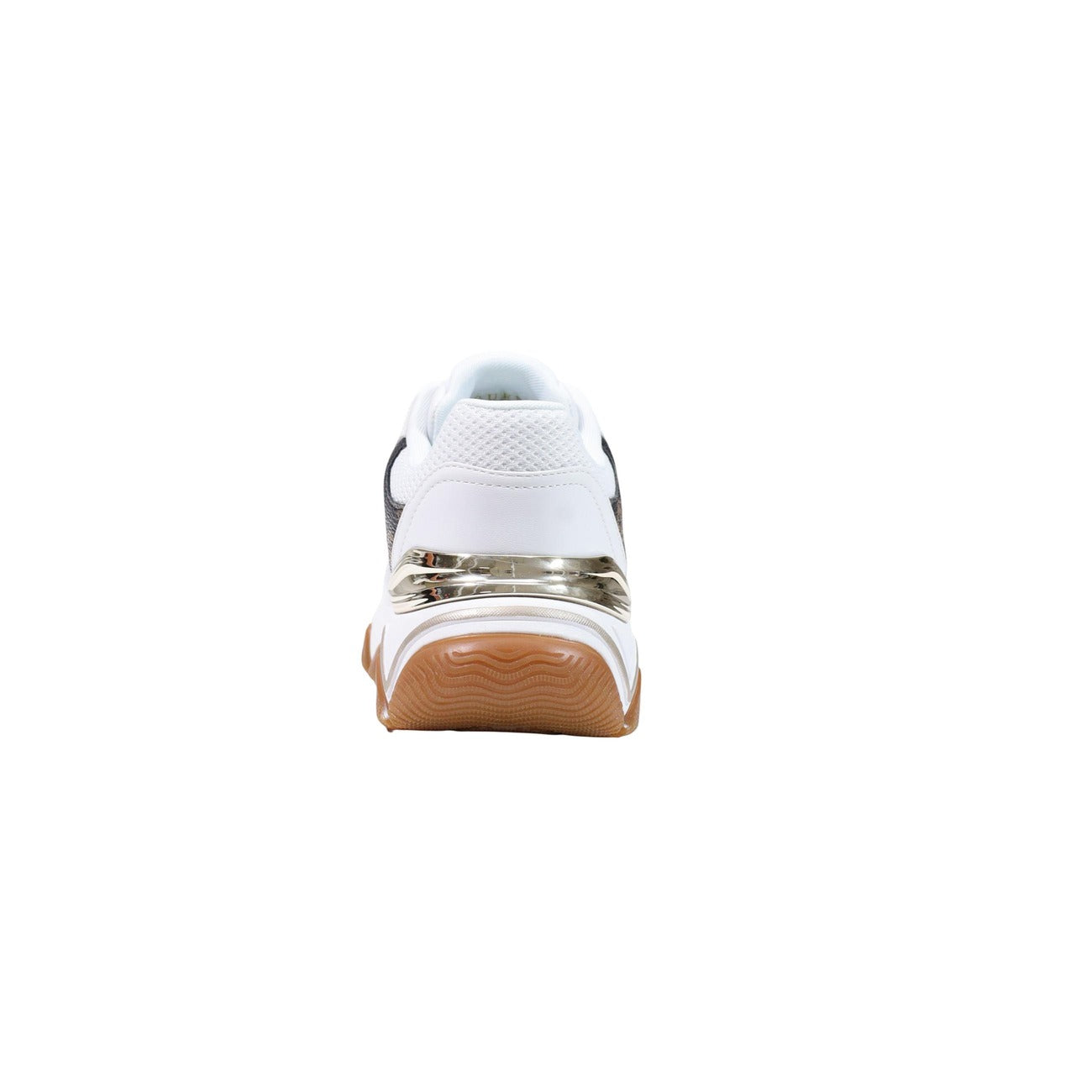 Sneakers Runner Donna Bianche Guess Mazzy; Tomaia stampata con logo 4G e scritta logo frontale. Fodera interna in tessuto e suola flessibile in miscela di gomma con altezza tacco 1 cm, stile casual essentials 4 stagioni. Vista posteriore 