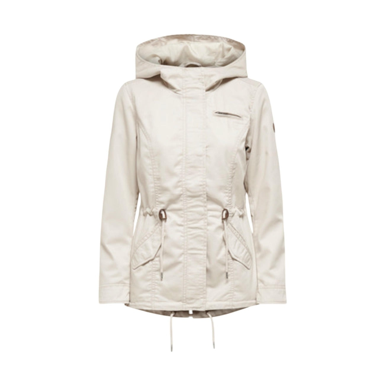 parka beige chiaro da donna Only Onllorca Life Canvas Cc Otw. Realizzato con una composizione eco-sostenibile di 80% poliestere riciclato e 20% cotone, pratico cappuccio, chiusura frontale con zip coperta da patta e bottoni a pressione, tasche laterali con patta e una tasca con zip sul petto. Vista frontale stesa 