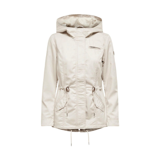 parka beige chiaro da donna Only Onllorca Life Canvas Cc Otw. Realizzato con una composizione eco-sostenibile di 80% poliestere riciclato e 20% cotone, pratico cappuccio, chiusura frontale con zip coperta da patta e bottoni a pressione, tasche laterali con patta e una tasca con zip sul petto. Vista frontale stesa 