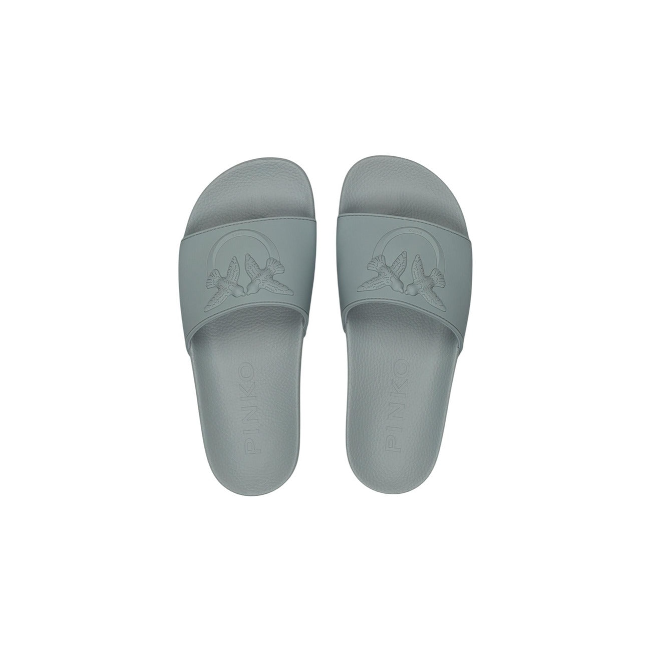 Slide Pinko DILLY 01; 100% PVC. Logo Love Birds in rilievo, fascia ampia, suola sagomata. Ciabatte donna resistenti e facili da pulire per la PE26. Colore verde vista dall’alto 