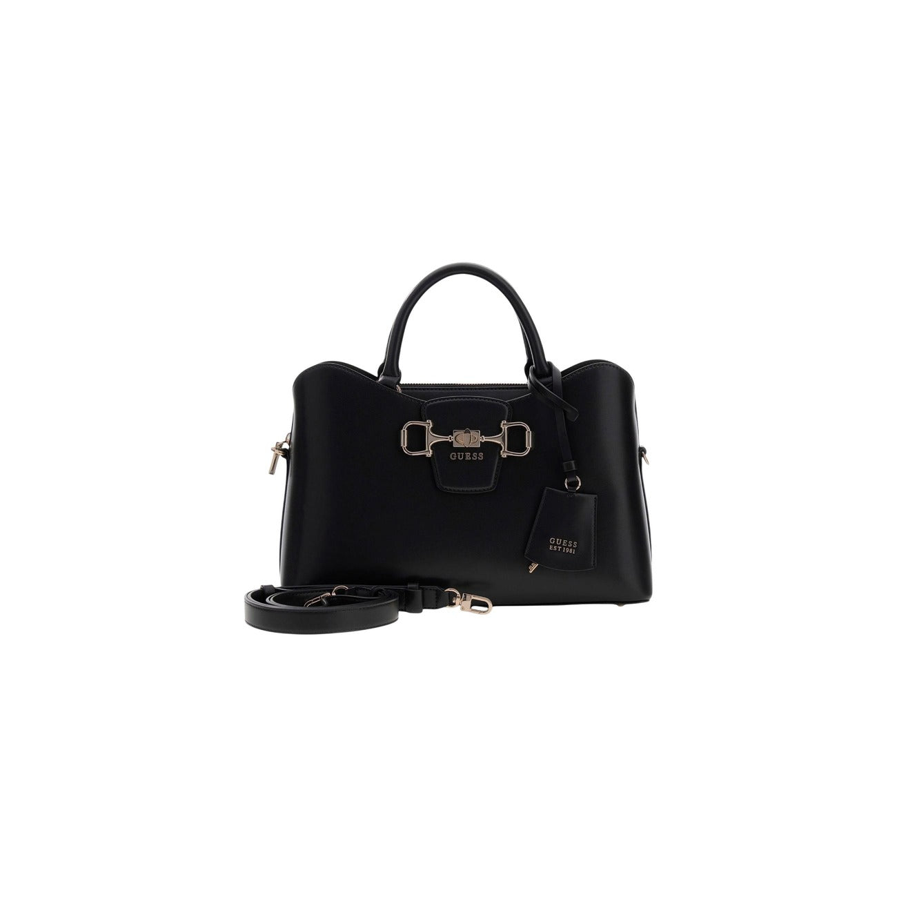 borsa a mano Guess Janie Girlfriend Satchel in ecopelle nero vista frontale con tracolla 