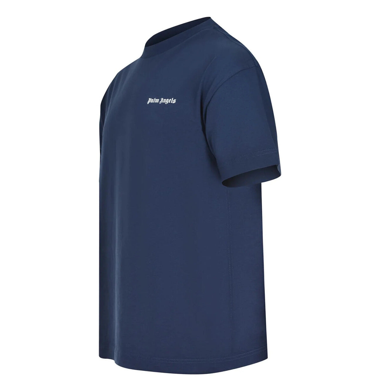 T-shirt Intima Uomo Palm Angels; Cotone Stretch. Girocollo, maniche corte, blu navy. Tessuto leggero, traspirante e aderente. L'eccellenza dell'intimo firmato Palm Angels. Vista frontale Laterale 