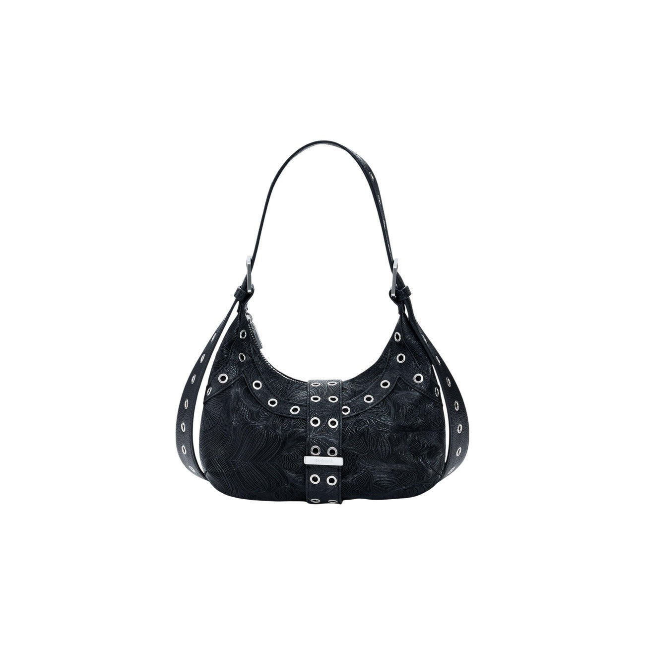 Borsa di medie dimensioni con tessuto effetto pelle di colore nero, chiusura superiore e manico corto regolabile. Presenta dettagli metallici circolari distribuiti sul davanti e sul retro.
