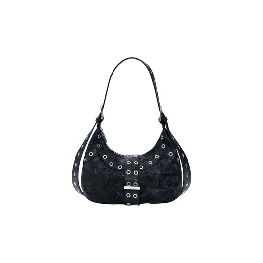 Borsa di medie dimensioni con tessuto effetto pelle di colore nero, chiusura superiore e manico corto regolabile. Presenta dettagli metallici circolari distribuiti sul davanti e sul retro.
