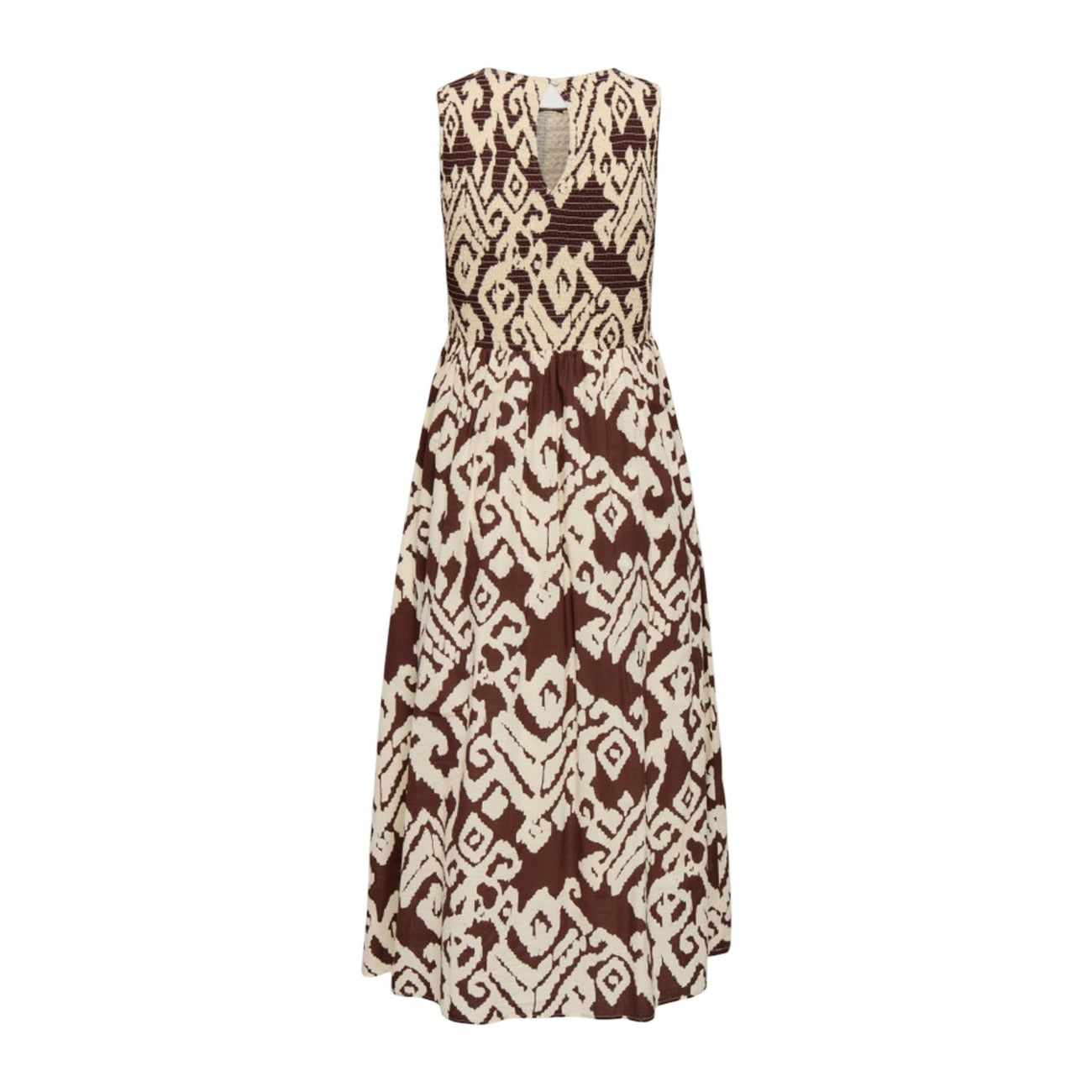 Vestito Midi JDY Diego; Geometrico, 100% Cotone. Corpetto smock elasticizzato, fantasia geometrica, senza maniche. Gonna a balze vaporosa, stile elegante e leggero. Vista Posteriore stesa