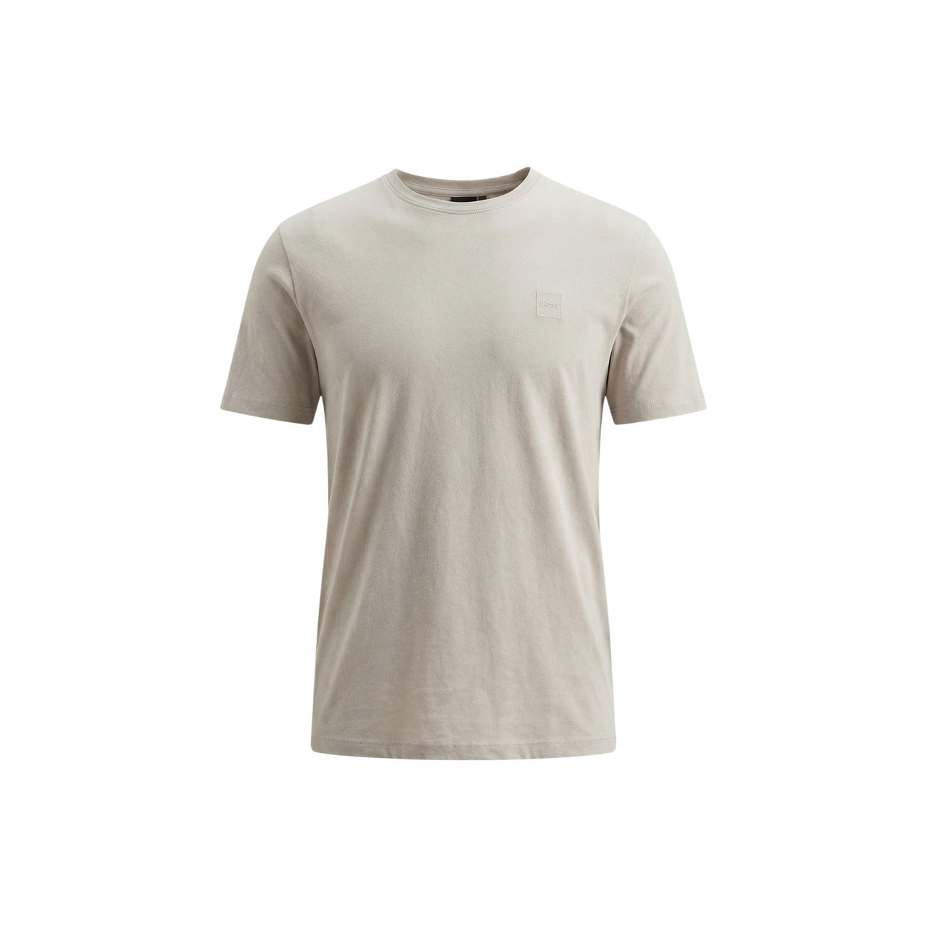 T-shirt BOSS Tales; 100% Cotone. Logo applicato sul petto, girocollo, vestibilità regular. T-shirt uomo premium dalla texture morbida e design minimalista. Colore grigio chiaro. Vista frontale Stesa