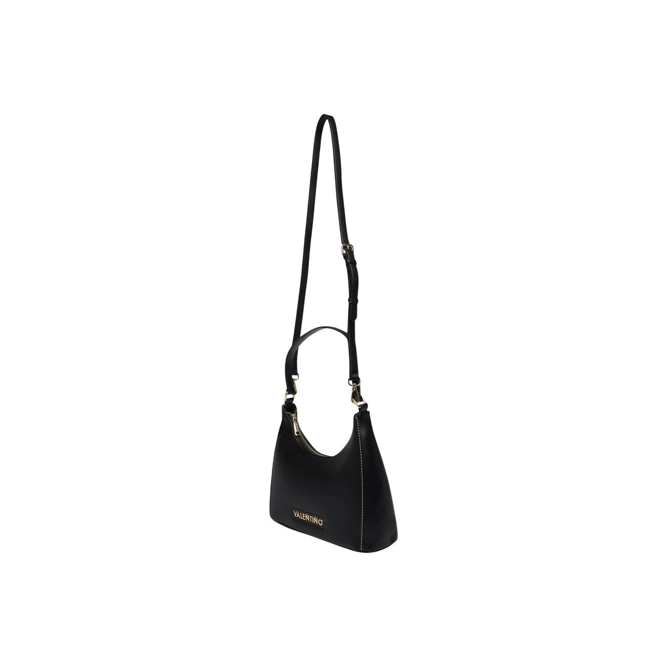 Borsa Nera Donna Valentino Bags Aury; Misure 8x19x7 cm. Tessuto 100% poliuretano con doppi manici, tracolla rimovibile e chiusura superiore con zip. Dettagli logo in metallo dorato lucido, stile elegante 4 stagioni. Laterale con tracolla 