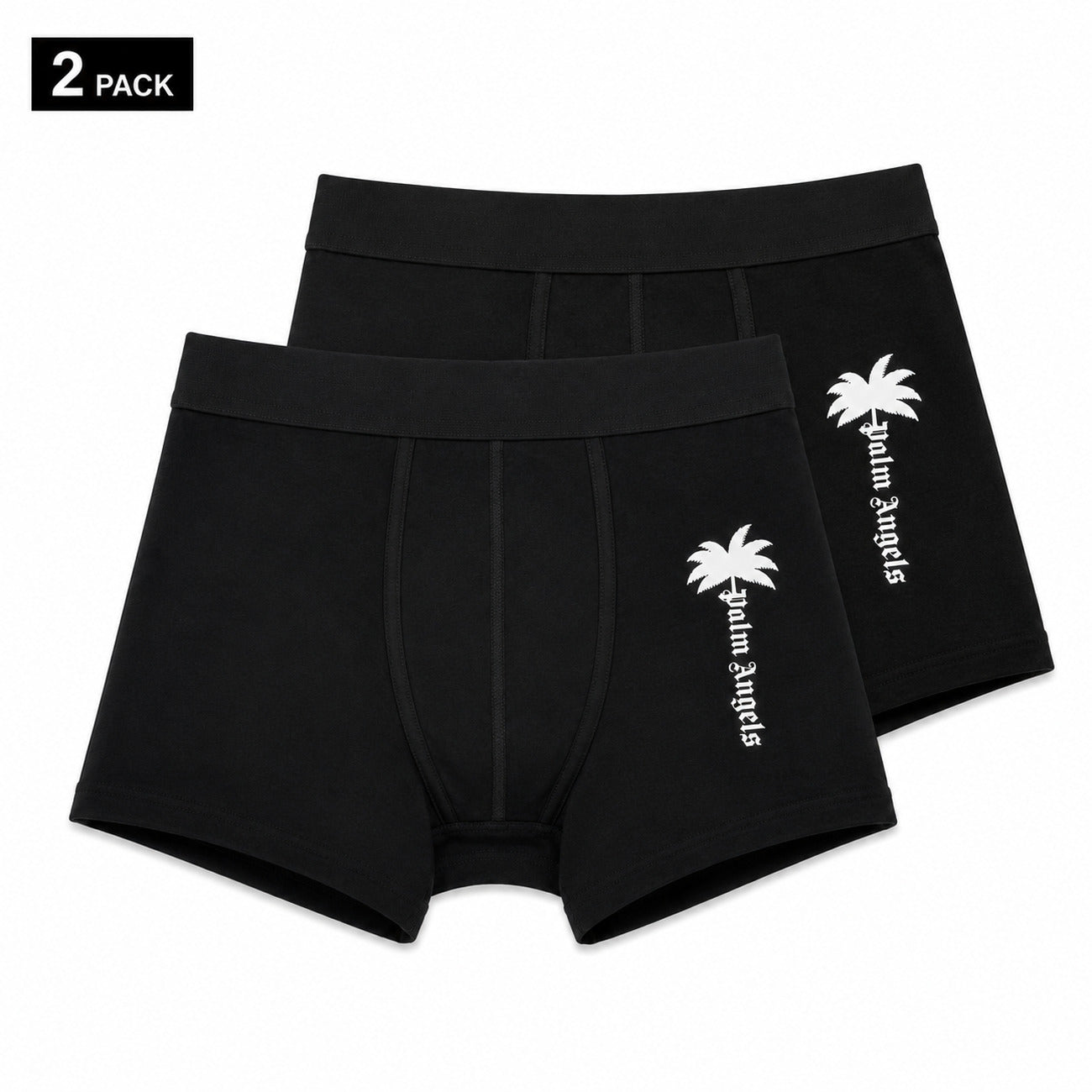 Set 2 Boxer Palm Angels; Stampa laterale su gamba. Elastico tono su tono, cotone stretch di alta qualità, vestibilità regular/aderente. Lo stile iconico Palm Angels nel tuo guardaroba intimo. Nero