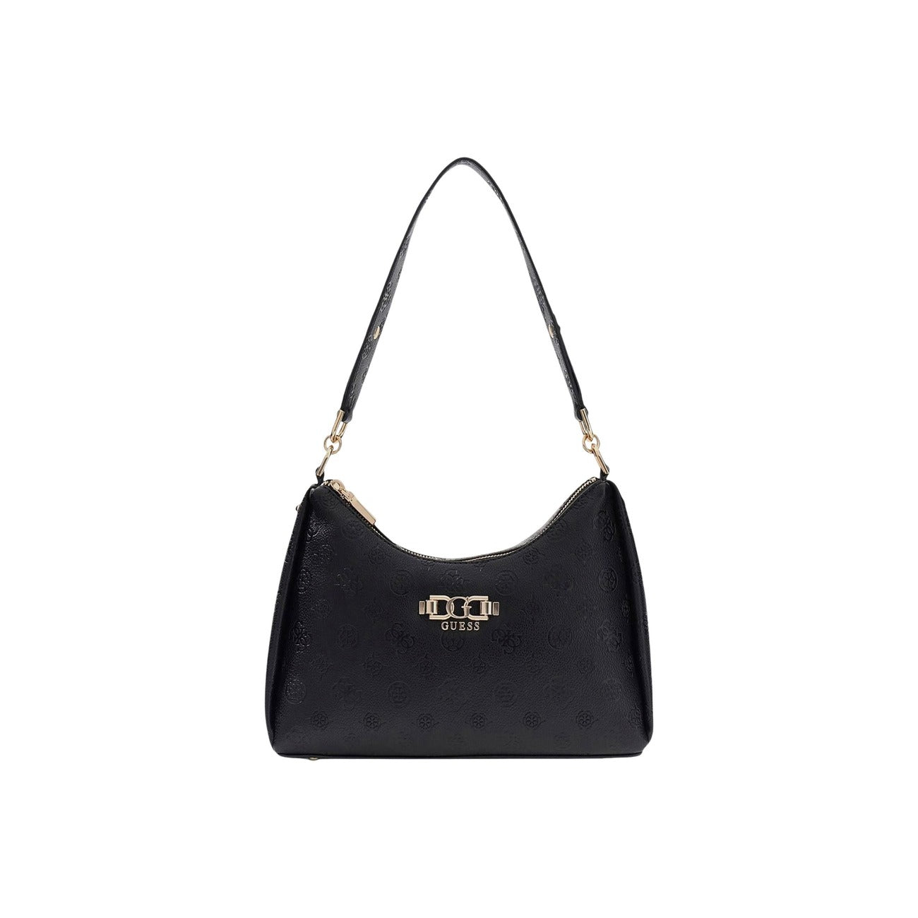 Guess Anise HWPD99 16180, borsa nera media con doppia zip e logo in rilievo; interni multi-scomparto, finiture dorate e stile contemporaneo, perfetta per lavoro e tempo libero. Vista frontale 