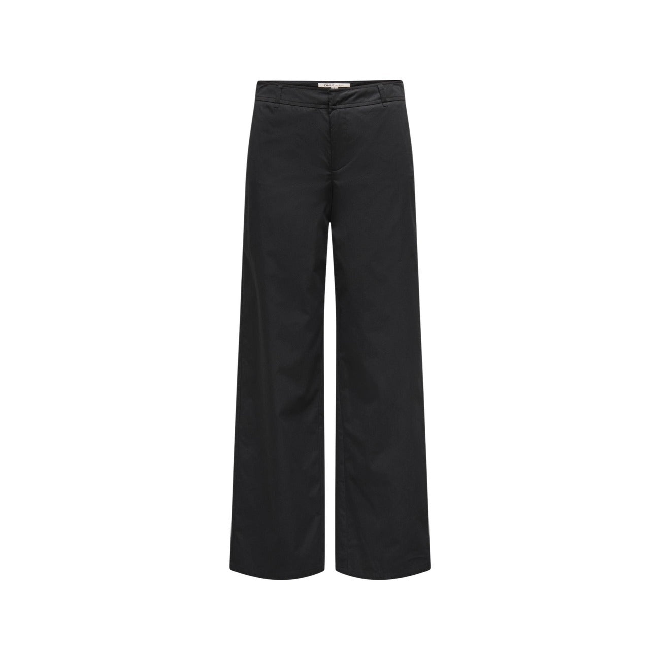Pantaloni neri bootcut Only Onltanny, tessuto chino elasticizzato con cintura a fibbia; taglio ampio e svasato sul fondo, perfetti per valorizzare la silhouette in ogni occasione. Vista frontale Stesa
