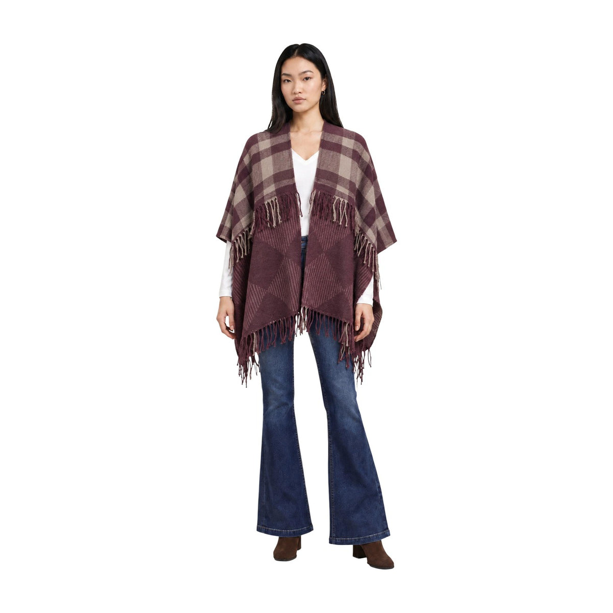 Poncho coprispalle donna Pieces bordeaux beige – Mantella a quadri scozzese con frange 17166846.
