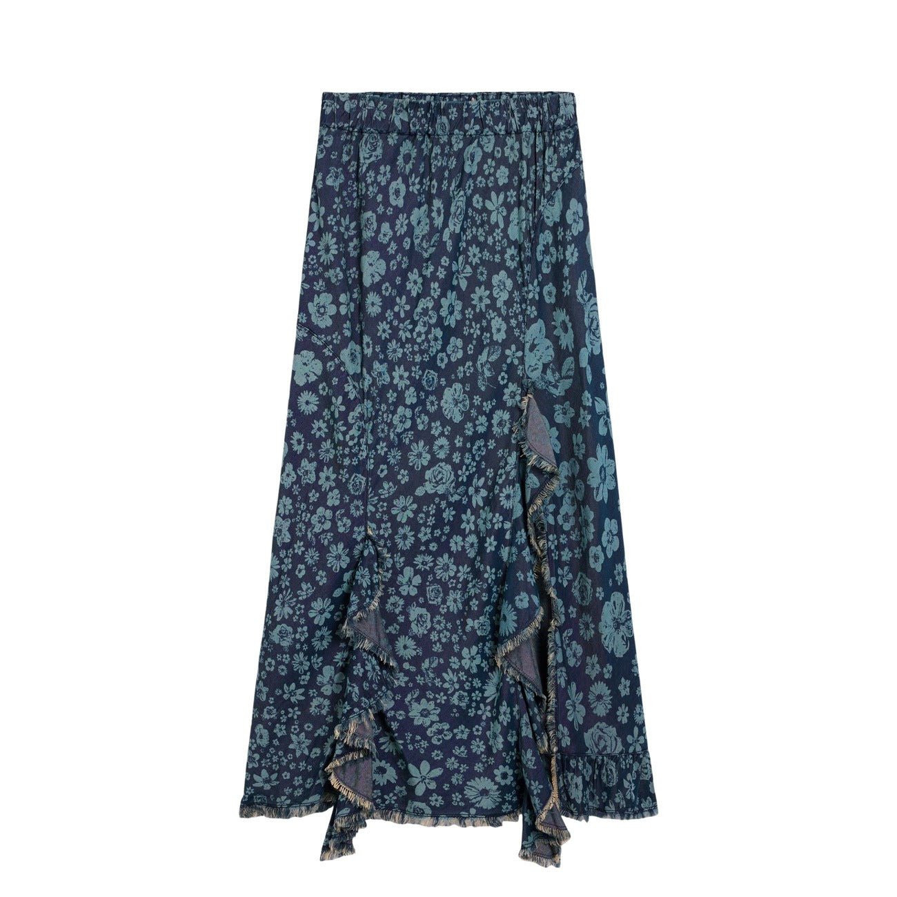 gonna in stile denim con volant, stampa floreale, elastico in vita e dettagli sfrangiati. Vista frontale stesa 