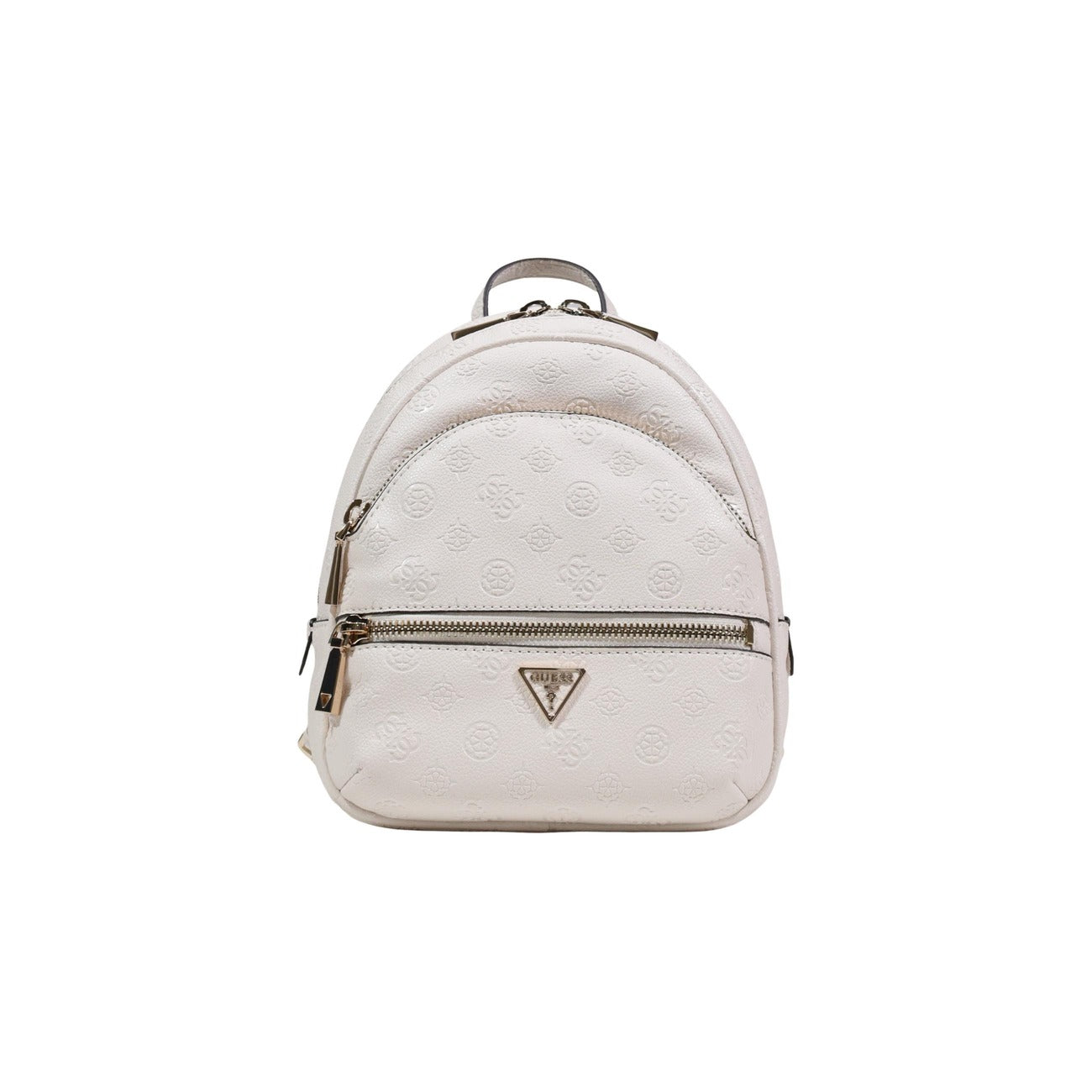 Guess Manhattan II Backpack; zaino bianco con dettagli dorati, doppia zip e scomparti interni, stile contemporaneo e dimensioni medie perfette per contenere tutti gli essenziali quotidiani. Vista frontale 