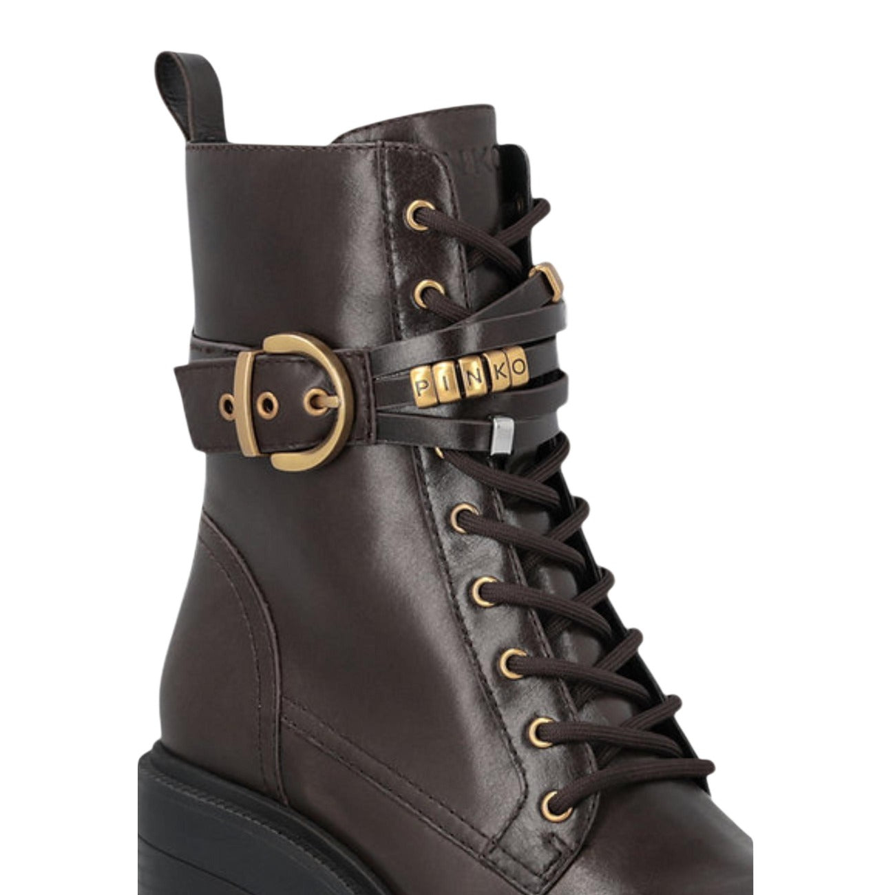 Stivaletti Pinko ALTEA 01 marroni donna SD0549P001. Anfibi in pelle marrone con suola platform da 6 cm, allacciatura frontale, cinturino con fibbia dorata e logo Pinko, stivali casual mezza stagione autunno inverno.