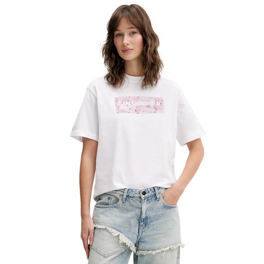 T-shirt Karl Lagerfeld Jeans Bianca; 100% Cotone Organico. Logo floreale frontale, vestibilità relaxed, scollo tondo. Tessuto leggero e traspirante, stile casual-elegante. Vista frontale 