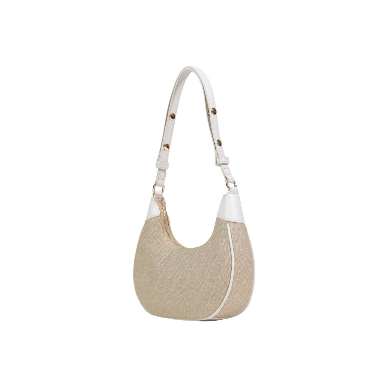 Borsa Hobo Liu Jo S; 100% Poliestere. Silhouette a mezzaluna, logo in rilievo, tracolla regolabile. Borsa donna piccola, leggera e di tendenza. Colore beige e bianco 