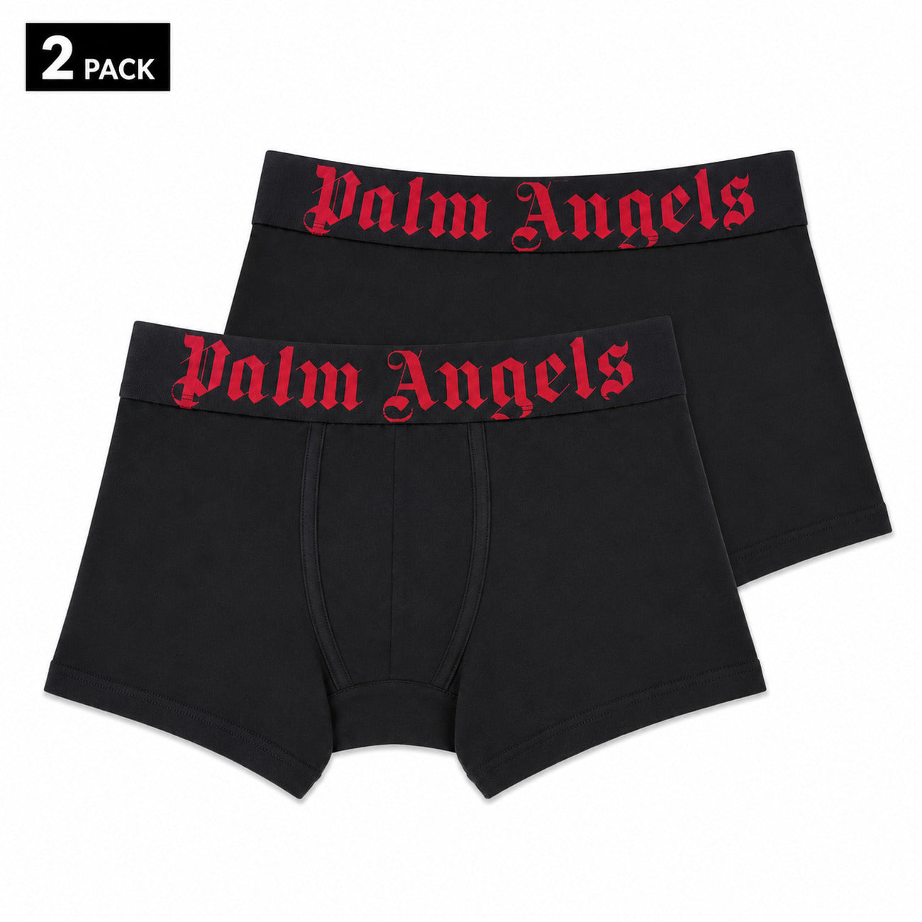Set 2 Boxer Palm Angels; Nero/Rosso. Fascia logata iconica, cotone elasticizzato premium, vestibilità aderente. Il tocco streetwear definitivo per l'intimo quotidiano.
