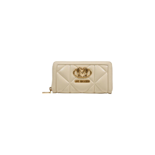 Portafoglio Love Moschino donna bianco grande modello JC5644PP1. Portafogli zip-around trapuntato bianco avorio con logo metallico dorato lucido e scomparti interni per tessere, banconote e monete, stile elegante e chic.