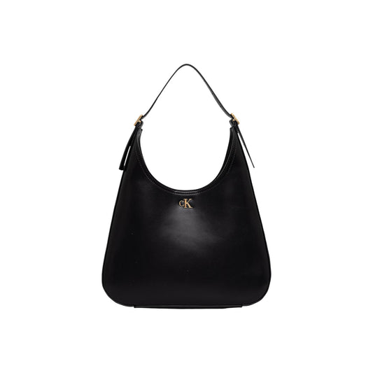 Borsa a Spalla Donna Calvin Klein; Nero. 51% Poliestere riciclato con finitura liscia, chiusura zippata, tracolla regolabile, tasca posteriore e logo metallico oro. Misure slanciate (35x32,5 cm), stile minimalista 4 stagioni. Vista frontale 