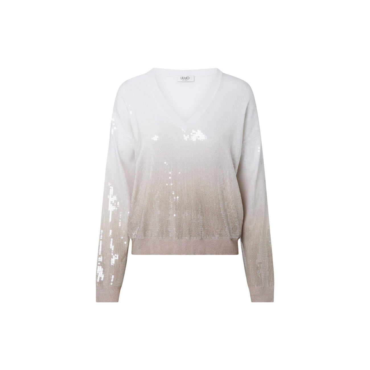 Maglione Liu Jo donna beige scollo V. Pullover elegante in sfumatura dégradé 80% viscosa con dettagli luminosi in paillettes ricamate e finiture a costine per l'autunno/inverno.