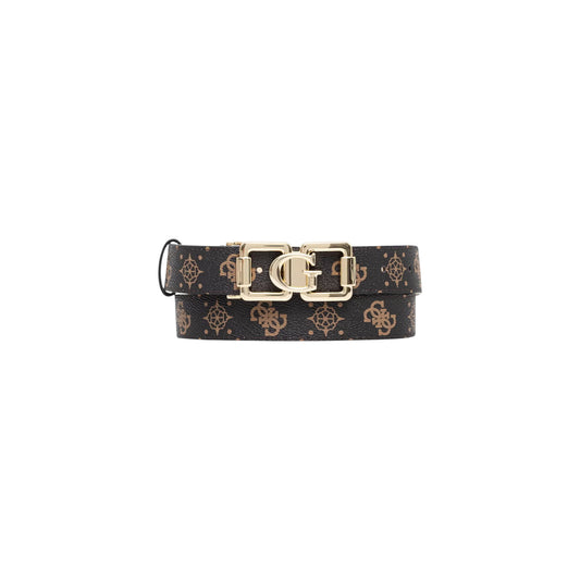Cintura Donna Marrone Guess; Larghezza 3 cm. Pattern monogramma logato, fibbia in metallo dorato con logo, lunghezza regolabile. Accessorio 4 stagioni stile casual-chic. Vista frontale 